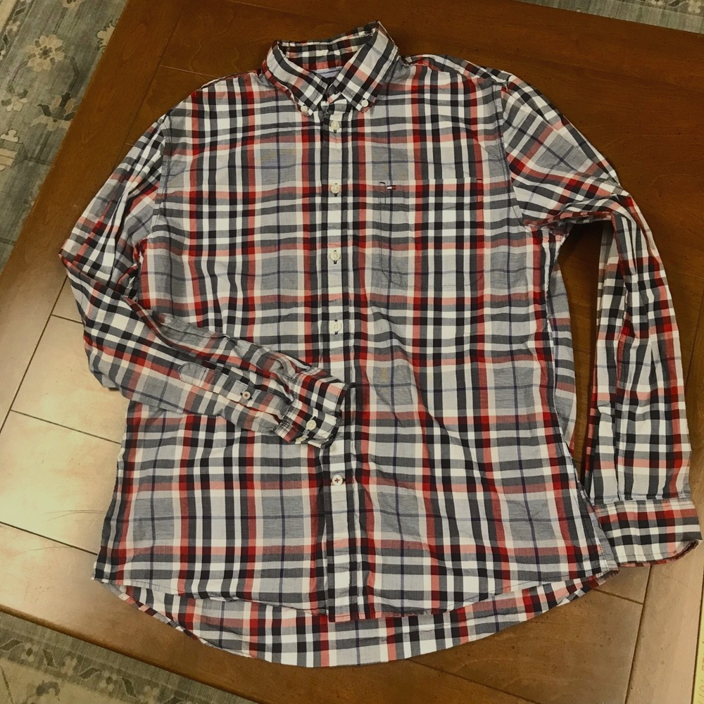 Tommy Hilfiger Mens Red Plaid Long Sleeve Button Up‎ Shirt Size Large